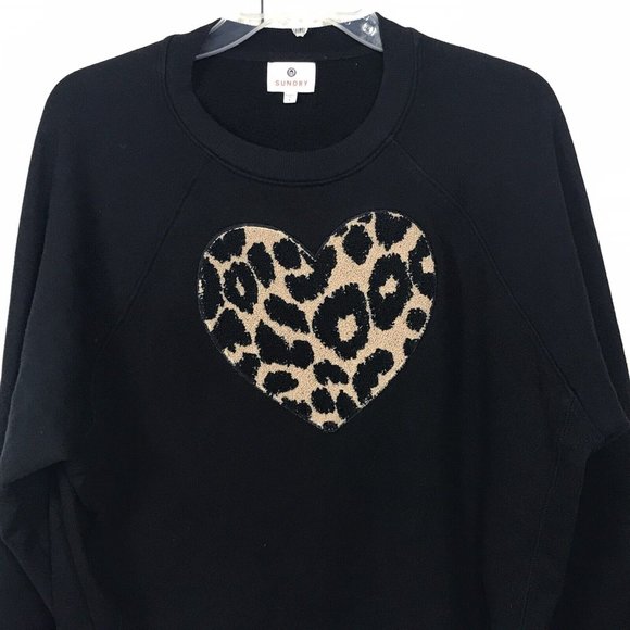 Sundry Womens Size 1 (US S) Leopard Heart Cropped Raw Hem Sweatshirt Black Cute - Picture 3 of 12